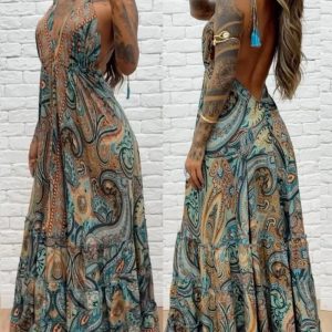 Tribal Print V-Neck Spaghetti Strap Maxi Dress Casual Backless Flowy A Line Dress, women Maxi Dresses, ChicMe catalog