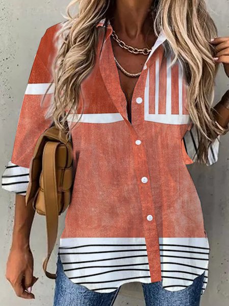 Striped Print Long Sleeve Casual Shirt, Blouses, Lilicloth.com