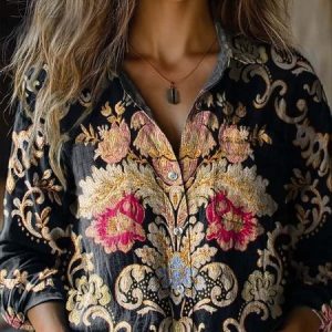 Loose Shawl Collar Ethnic 3D Printing Shirt, Blouses, Lilicloth.com