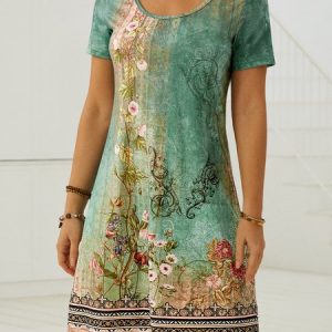 Crew Neck Loose Floral Casual Dress, Short, color:Green|size:XS, catalog Noracora shop