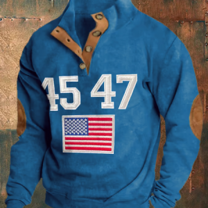 Men's Vintage Flag Print Button-Down Sweatshirt, Hoodies&Sweatshirts, Lilicloth.com