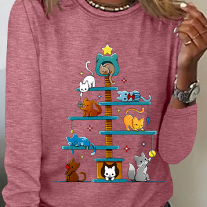 Christmas House Tree Cats Casual Long Sleeve Shirt, Long sleeves, Lilicloth.com