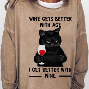 Womens Black Cat Wine Gets Better With Age I Get Better With Wine Casual Sweatshirt, Hoodies&Sweatshirts, Lilicloth.com