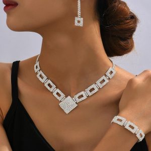 3PCS Allover Rhinestone Hollow Out Square Pendant Necklace & Drop Earrings & Bracelet Evening Party Wedding Jewelry Set, women Necklace & Pendant, ChicMe catalog