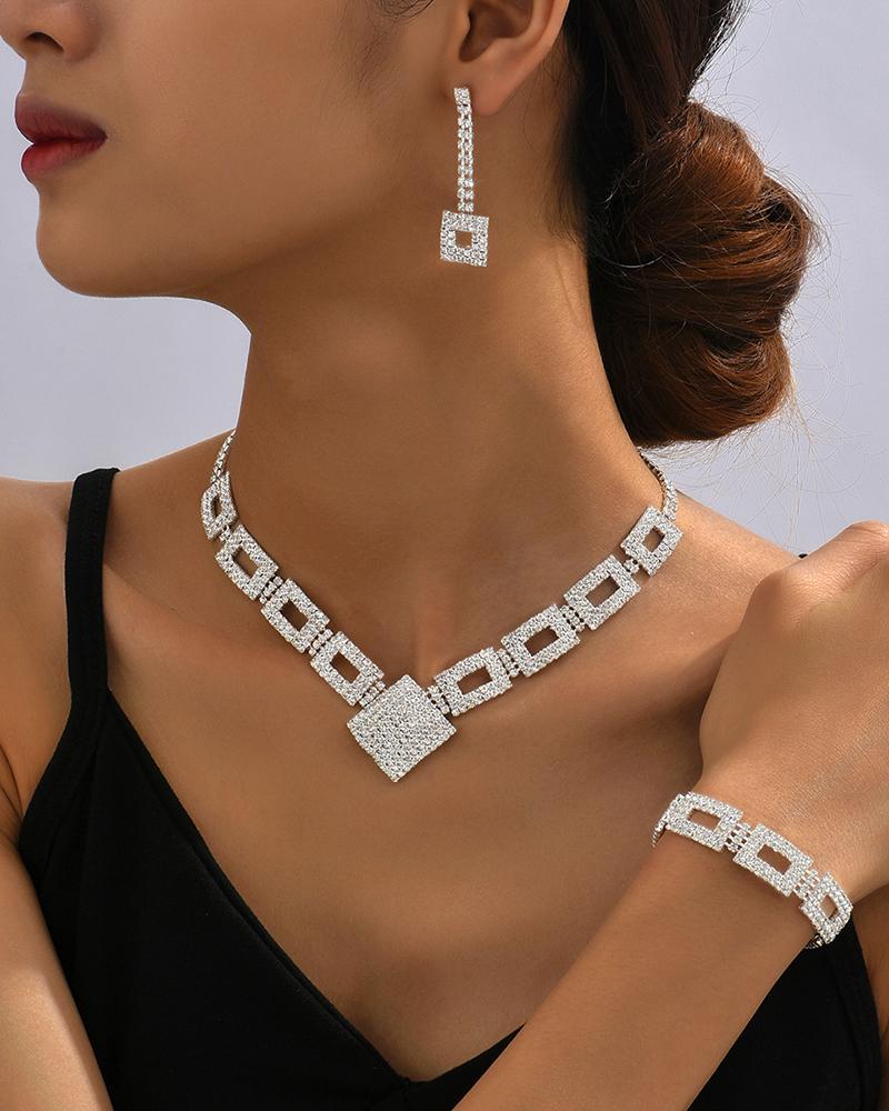 3PCS Allover Rhinestone Hollow Out Square Pendant Necklace & Drop Earrings & Bracelet Evening Party Wedding Jewelry Set, women Necklace & Pendant, ChicMe catalog