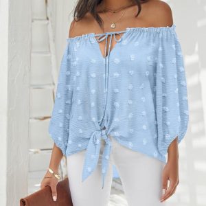 Large Swiss Dot Off the Shoulder Long Sleeve Top Casual Tied Detail Tied Detail Blouse, women Blouses & Shirts, ChicMe catalog