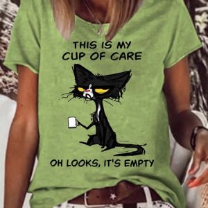 Women's This Is My Cup Of Care Funny Cat Casual Crew Neck T-Shirt, T-shirts, Lilicloth.com