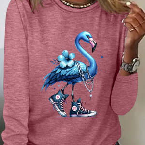 Pearl Necklace Canvas Shoes Blue Flamingo Print Casual Long Sleeve Shirt, Long sleeves, Lilicloth.com