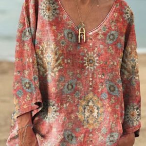 Women's Retro Ethnic Pattern Print V-neck Long Sleeve Comfortable Cotton T-shirt, Long sleeves, Lilicloth.com