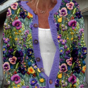 Fashion plant flower art button round neck knitted sweater, Cardigans, Lilicloth.com