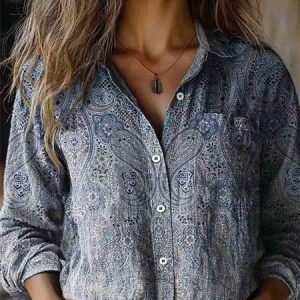 Women's Long Sleeve Shirt Spring/Fall Ethnic Shawl Collar Daily Going Out Vintage Top, JustFashionNow Blouses, color:As Picture|size:4XL,