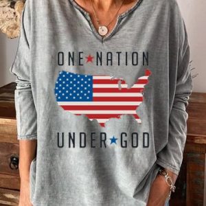 One Nation Under God V Neck Casual Tops, Long sleeves, Lilicloth.com