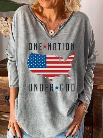 One Nation Under God V Neck Casual Tops, Long sleeves, Lilicloth.com