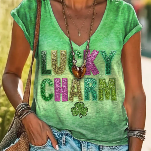 Women's St. Patrick's Day Clover Art Print  V-neck T-shirt, T-shirts, Lilicloth.com
