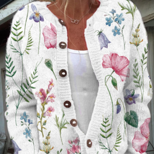 Floral Crew Neck Plants Casual Cardigan, Cardigans, Lilicloth.com