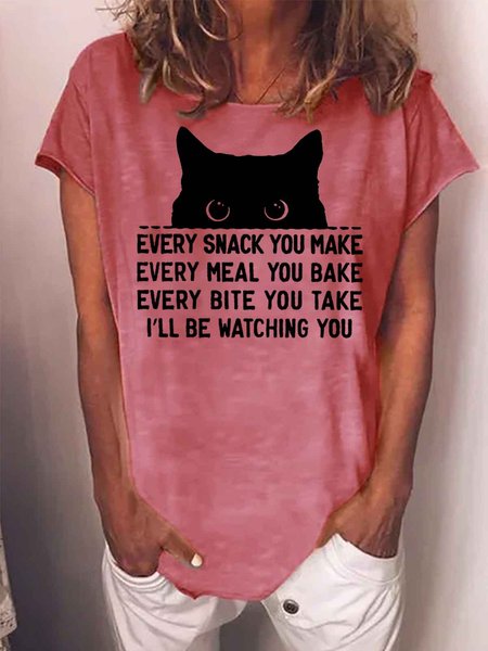 Women's Every Snack You Make Every Meal You Bake Every Bite You Take I'Ll Be Watching You Funny Black Cat Graphic Printing Casual Crew Neck Text Letters T-Shirt, T-shirts, Lilicloth.com