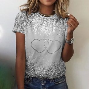 Vintage Valentine's Day Heart Sequin Pattern Crew Neck Short Sleeve T-shirt, T-shirts, color:Silver|size:4XL, catalog Noracora shop