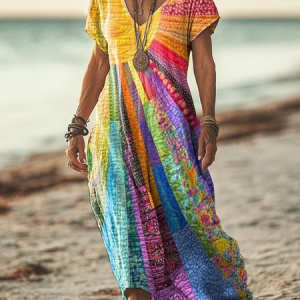 Women Vacation Colorful Sun Collage Art Print Short Sleeve Comfy Casual Maxi Dress, Dresses, color:As Picture|size:4XL, catalog Noracora shop