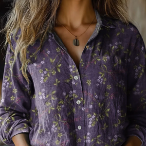 Women's Long Sleeve Shirt Spring/Fall Floral Shirt Collar Daily Going Out Casual Top, JustFashionNow Blouses, color:Purple|size:XXL,