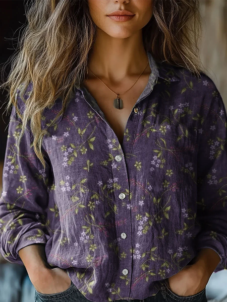 Women's Long Sleeve Shirt Spring/Fall Floral Shirt Collar Daily Going Out Casual Top, JustFashionNow Blouses, color:Purple|size:XXL,