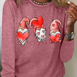 Women's Valentine's Day Gnomes Casual Letters Casual Crew Neck Top, Long sleeves, Lilicloth.com