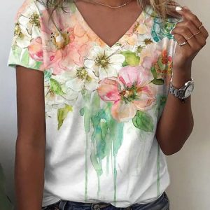 Floral V Neck Jersey Casual T-Shirt, T-shirts, Lilicloth.com