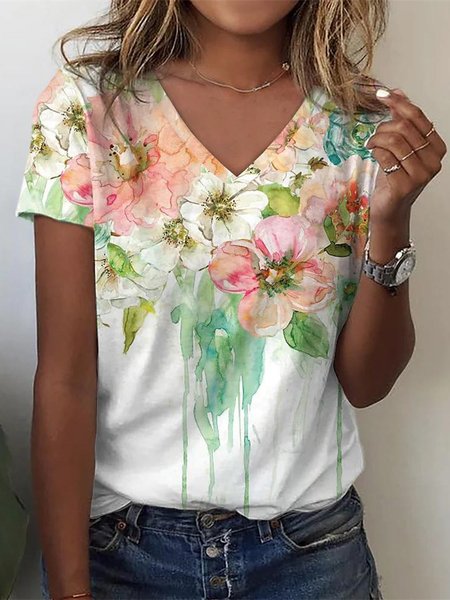 Floral V Neck Jersey Casual T-Shirt, T-shirts, Lilicloth.com