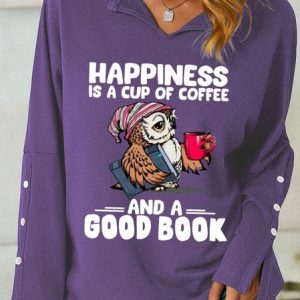 Happiness Is A Cup Of Coffee And A Good Book Women's Shawl Collar Sweatshirt, Hoodies&Sweatshirts, Lilicloth.com