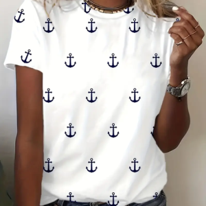 Women's Short Sleeve Tee T-shirt Summer Anchor Printing Crew Neck Casual Graphic Tee Top, JustFashionNow T-Shirts, color:White|size:XXL