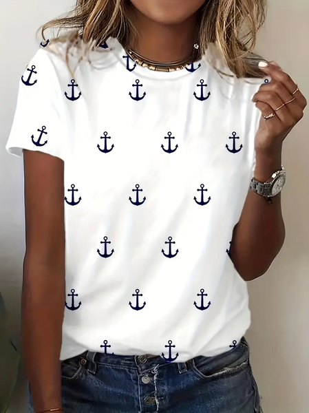 Women's Short Sleeve Tee T-shirt Summer Anchor Printing Crew Neck Casual Graphic Tee Top, JustFashionNow T-Shirts, color:White|size:XXL,