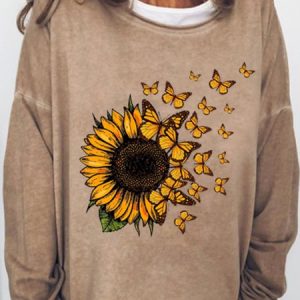 Women's Sunflower Butterfly Print Crew Neck Casual Sweatshirt, Hoodies&Sweatshirts, Lilicloth.com