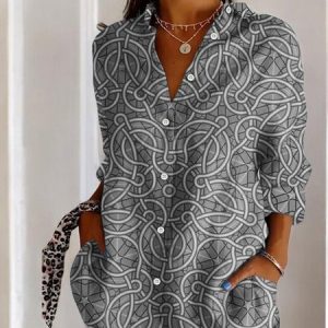Women's Long Sleeve Shirt Spring/Fall Geometric Cotton Shirt Collar Daily Going Out Casual Top, JustFashionNow Blouses, color:Gray|size:5XL,