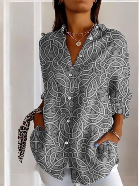 Women's Long Sleeve Shirt Spring/Fall Geometric Cotton Shirt Collar Daily Going Out Casual Top, JustFashionNow Blouses, color:Gray|size:5XL,