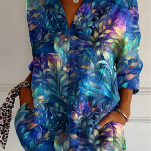 Women Floral Long Sleeve Shirt Spring/Fall Shirt Collar Daily Casual Top, JustFashionNow Blouses, color:As Picture|size:XXL,