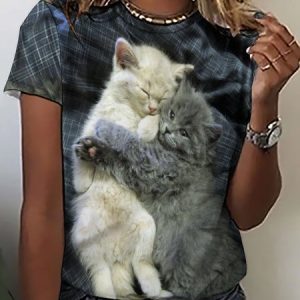 Women's Cute Cat Funny Art Print Casual Loose T-Shirt, T-shirts, Lilicloth.com