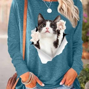 Women Funny Cat 3D Print Cotton-Blend  Long sleeve Top, Long sleeves, Lilicloth.com