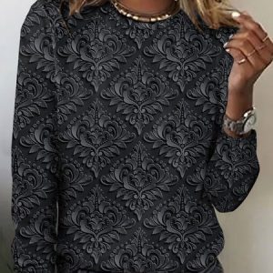 3D retro floral dark patterned long sleeved T-shirt, Long sleeves, Lilicloth.com