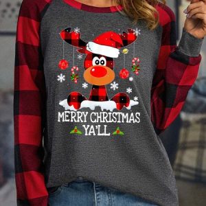 Women's Merry Christmas Ya’ll Moose Hat Polyester Cotton Casual Long Sleeve Top, Long sleeves, Lilicloth.com