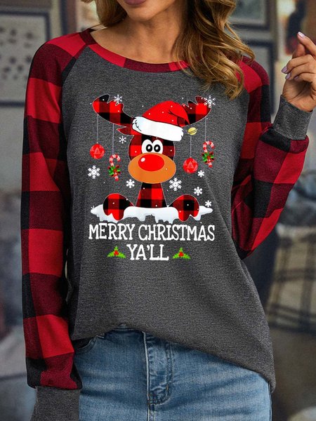 Women's Merry Christmas Ya’ll Moose Hat Polyester Cotton Casual Long Sleeve Top, Long sleeves, Lilicloth.com