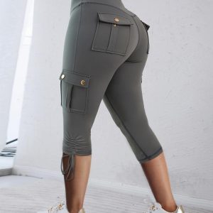 High Waist Pocket Design Drawstring Cargo Workout Pants Casual Slim Fit Yoga  Capri Pants, women Active Pants, ChicMe catalog