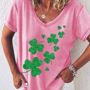 Women's St. Patricks Day Glitter Shamrocks V Neck T-Shirt, T-shirts, Lilicloth.com