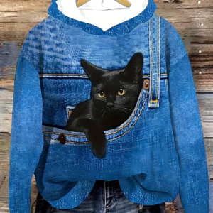Women's Cowboy Pocket Cat With Braces Print Casual Sweatshirt Hoodie, Hoodies&Sweatshirts, Lilicloth.com
