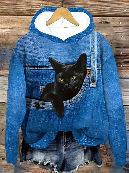 Women's Cowboy Pocket Cat With Braces Print Casual Sweatshirt Hoodie, Hoodies&Sweatshirts, Lilicloth.com