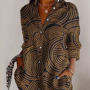 Shirt Collar Long Sleeve Striped Regular Micro-Elasticity Regular Fit Shirt For Women, Shirts, color:Brown|size:4XL, catalog Noracora shop