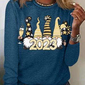 Womens Happy New Year Gnomes Print Casual Top, Long sleeves, Lilicloth.com
