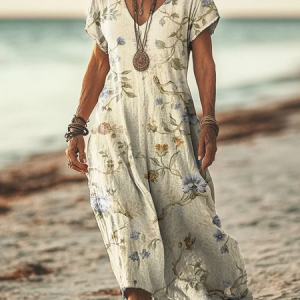 Women's Short Sleeve Summer Floral Printing Dress V Neck Daily Going Out Casual Maxi T-Shirt Dress H-Line Dress, JustFashionNow Casual Dresses, color:As Picture|size:4XL,