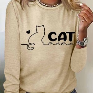 Women's Cat mama Regular Fit Heart Simple Cotton-Blend Long Sleeve Top, Long sleeves, Lilicloth.com