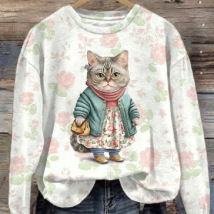 Women's Floral Cat Print Casual Long Sleeve Sweatshirt, Hoodies&Sweatshirts, Lilicloth.com