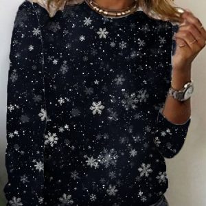 Snowflake Print Long Sleeve Crew Neck T-shirt, Long sleeves, Lilicloth.com