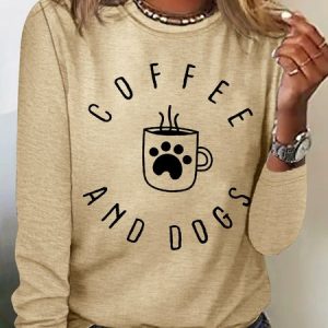 Women's Funny Dog Mama Coffee and Dogs Crew Neck Cotton-Blend Long Sleeve Top, Long sleeves, Lilicloth.com